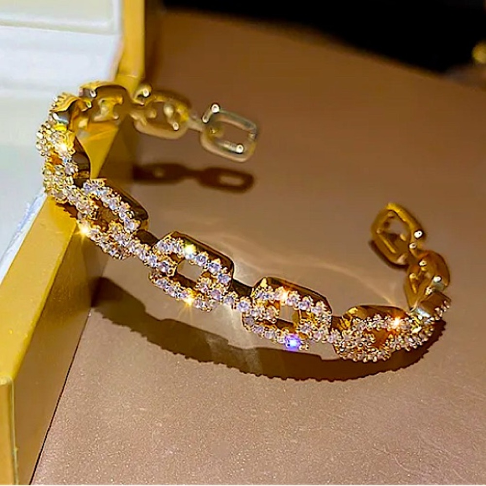 Gold Plated Zircon Crystal Square Link Bangle Cuff Rhinestone Bracelet